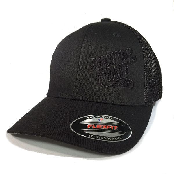 HIGH VOLTAGE - FLEXFIT TRUCKER HAT BLACK / BLACK - MOTORCULT - MotorCult