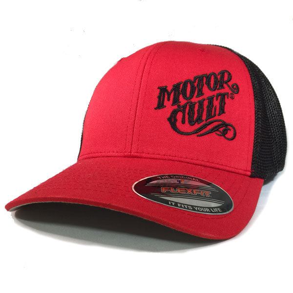 HIGH VOLTAGE - FLEXFIT TRUCKER HAT BLACK / RED - MOTORCULT - MotorCult