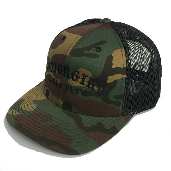 LOUD AND FAST - SNAP BACK CURVED BILL TRUCKER - CAMO/BLACK - MOTORGIRL - MotorCult