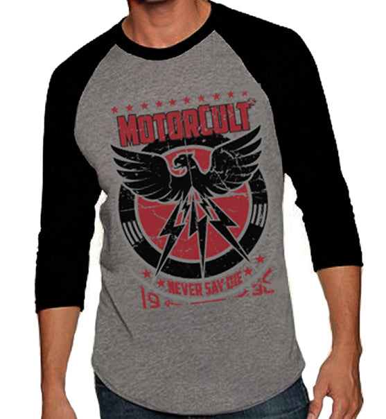 NEVER SAY DIE - RAGLAN 3/4 SLEEVE BASEBALL JERSEY - MOTORCULT - MotorCult