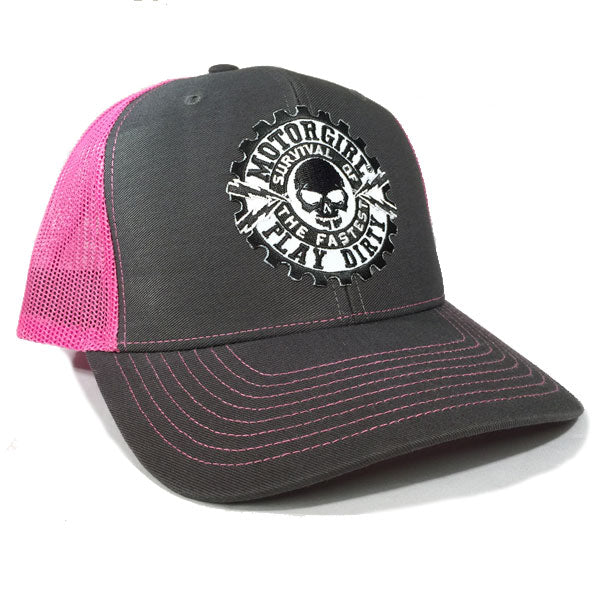 PLAY DIRTY - SNAP BACK CURVED BILL TRUCKER HAT - PINK / GREY - MOTORGIRL - MotorCult