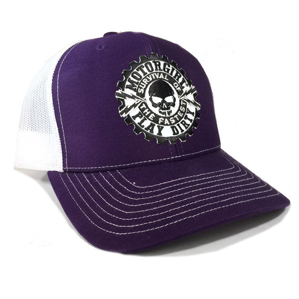 PLAY DIRTY - SNAP BACK CURVED BILL TRUCKER HAT - WHITE / PURPLE - MOTORGIRL - MotorCult