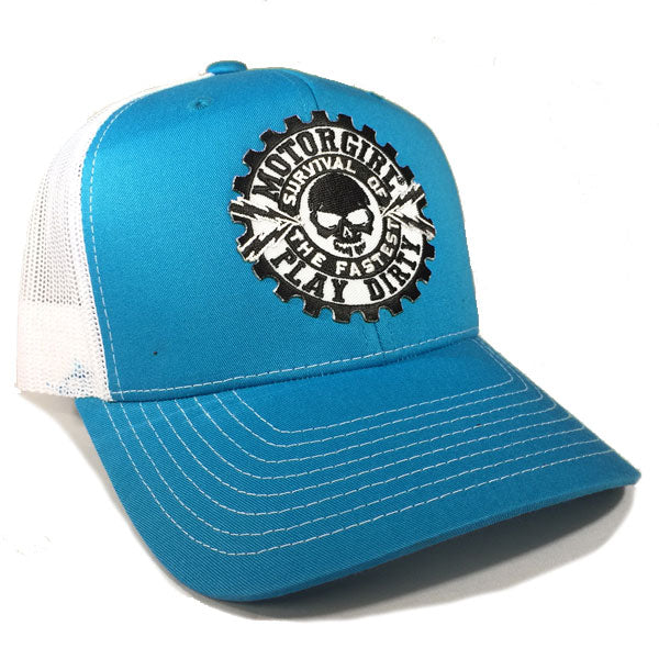 PLAY DIRTY - SNAP BACK CURVED BILL TRUCKER HAT - WHITE / BLUE - MOTORGIRL - MotorCult